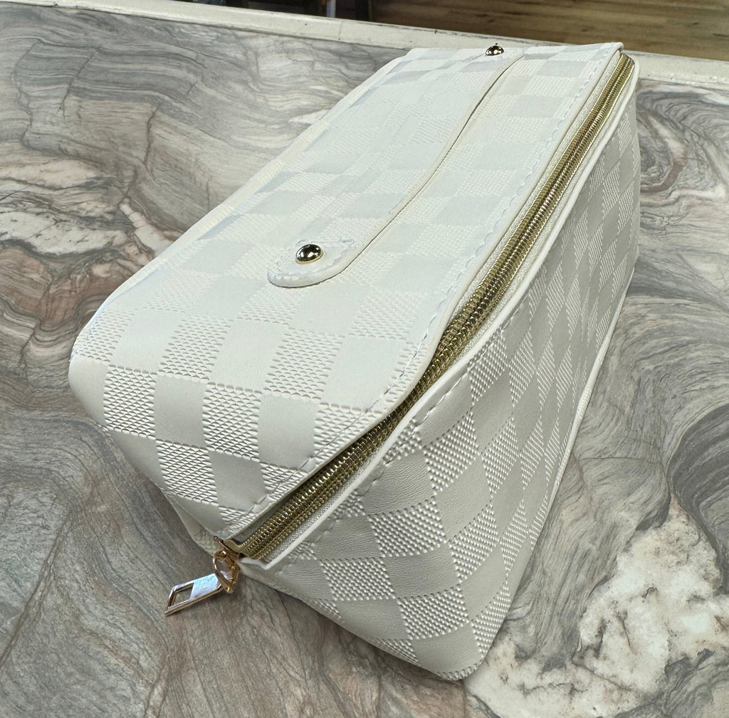 White Checkered Leather Makeup Bag