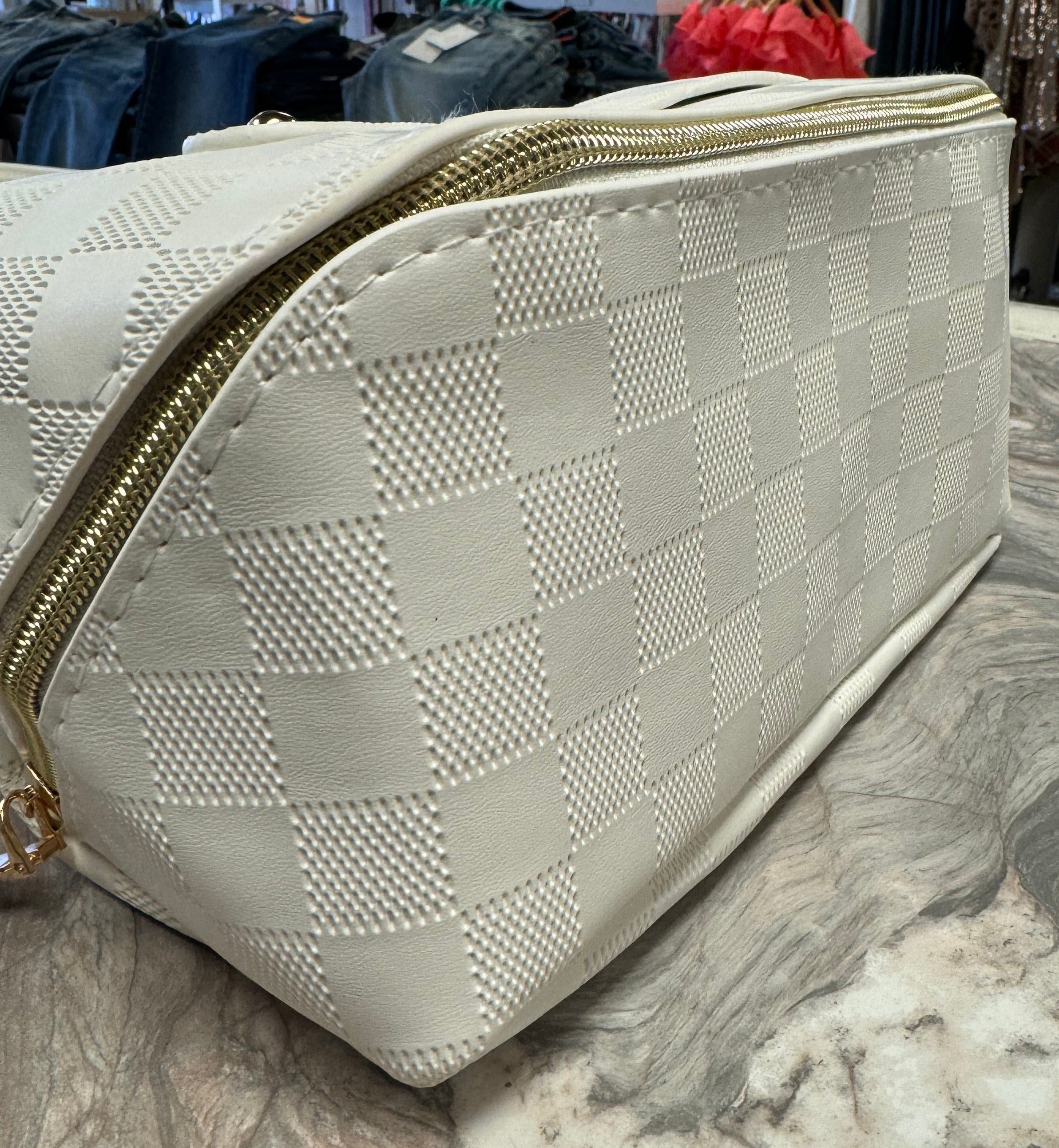 White Checkered Leather Makeup Bag