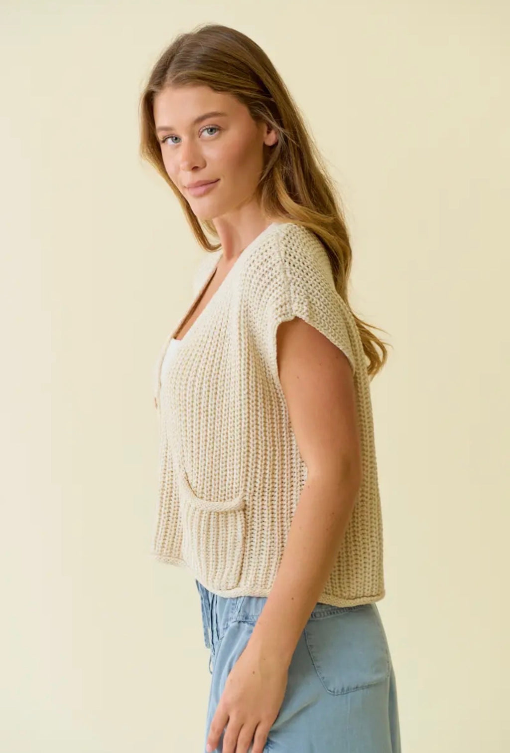 Chunky Knit Cap Sleeve Button Up