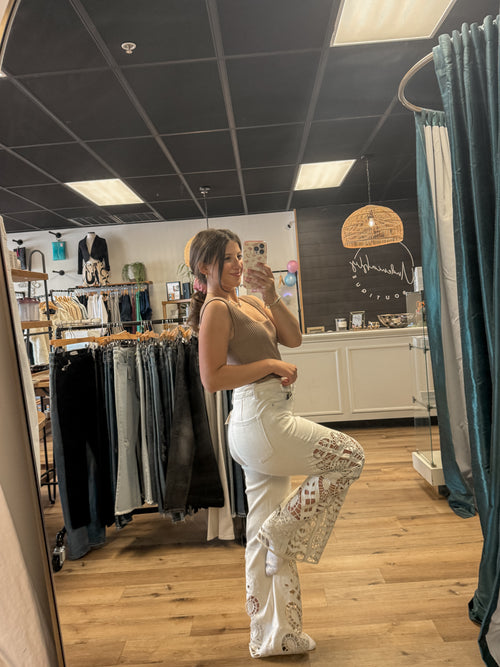 Bayeas High Rise Lace Embroidered Wide Leg Pants