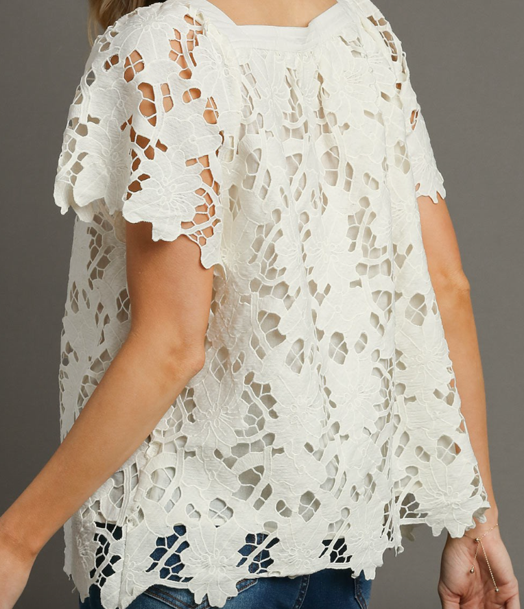 White Lace Short Sleeve Blouse