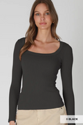 Black Ribbed Square Long Sleeve Top
